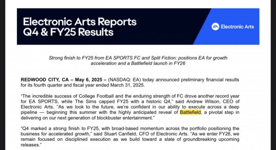 EA 2025財年財報新《戰地》確認於2026年4月